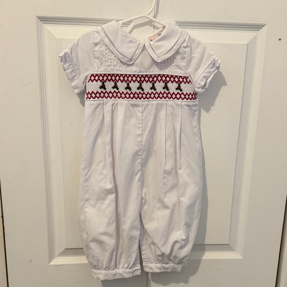 White Romper with Smocked Red and Green  holly detail